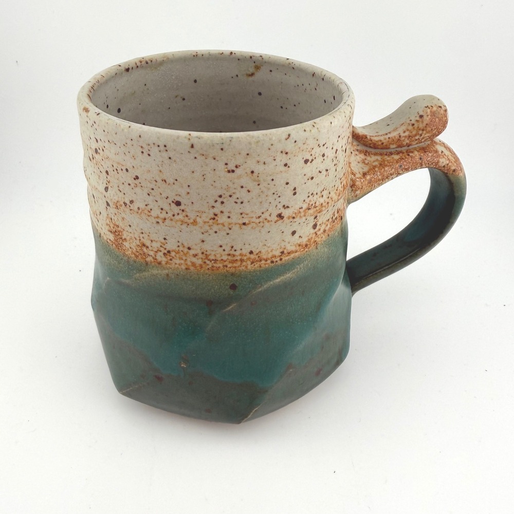 Handmade Studio Art Pottery Mug 3.75" Teal Cream 2004 Artist Signed Faceted